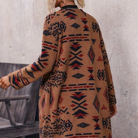 Brown Preppy Womens Geo Print Drop Shoulder Open Front Coat - Picture 3 of 5